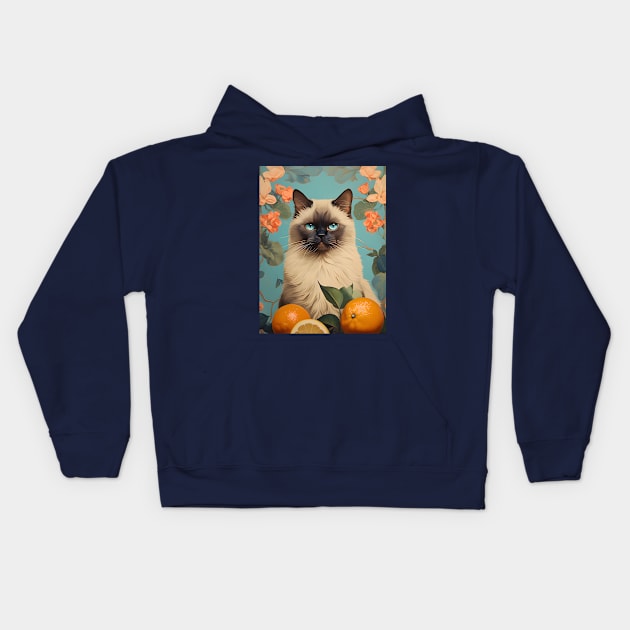 Retro Vintage Citrus Himalayan Cat Design | Unique Art Print Kids Hoodie by KittyStampedeCo